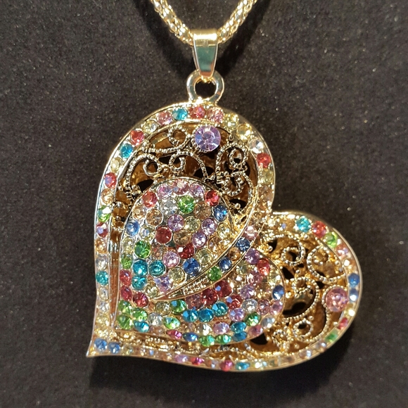 None Jewelry - #300 Multi Color Pave Heart Necklace Rhinestone Gold